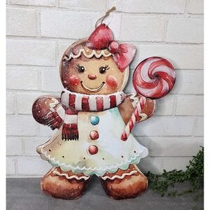 Christmas Gingerbread Girl Metal Wall Hanging Sign Lollipop Bow Glitter 18"x 13"
